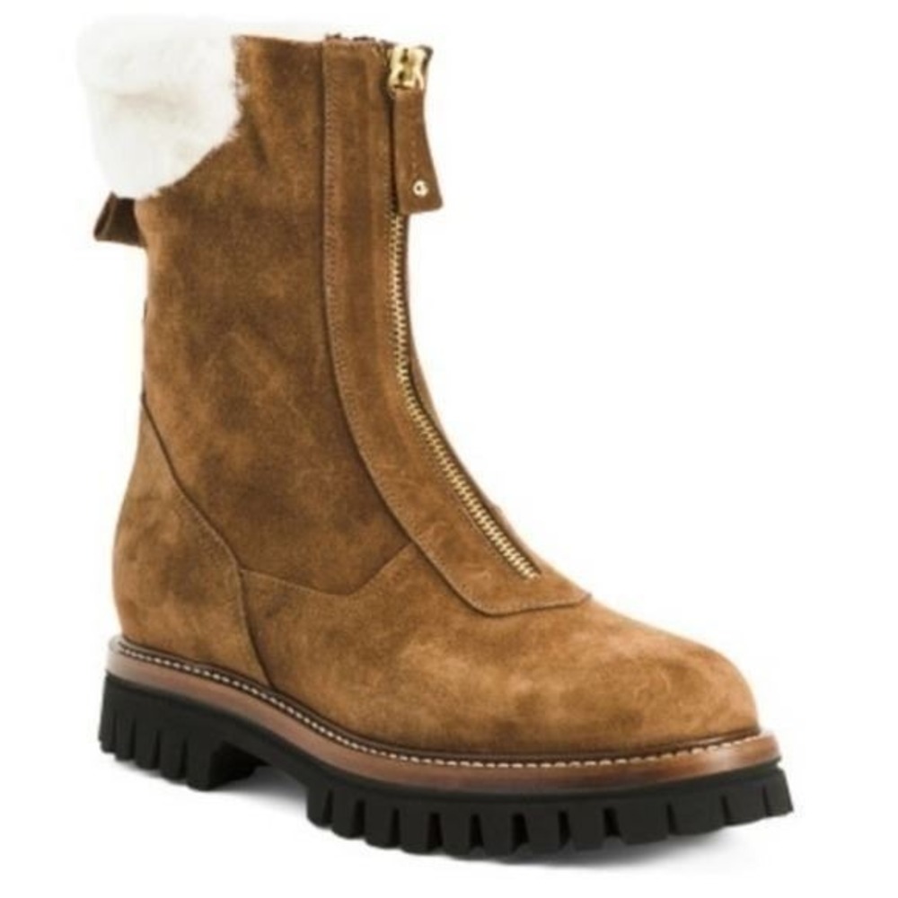 Napoleoni Made in Italy Front Zip suede Booties With Shearling Cuff size 39‎